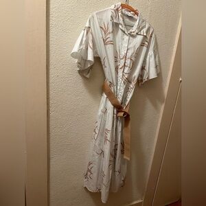 Civico 51 Dress White/Tan Cotton Foliage Print Collar Button Up Belted Midi S